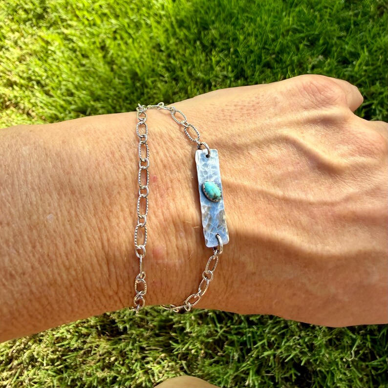 Sterling Silver Turquoise Double Strand Bar Chain Bracelet • Minimal Western Style • Number 8 Turquoise image 3