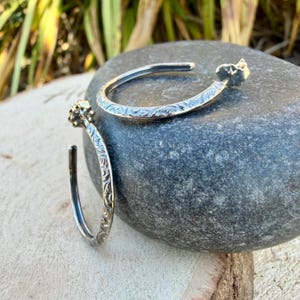 Sterling Silver Hoop Earrings • Push‑Back Post Hoops • Oxidized Swirl Pattern • Lightweight 925 image 1