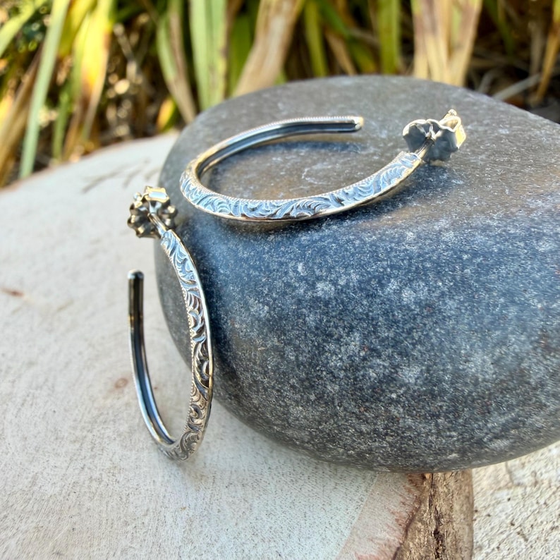 Sterling Silver Hoop Earrings • Push‑Back Post Hoops • Oxidized Swirl Pattern • Lightweight 925 image 1