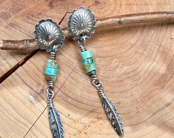 Oval Concho Turquoise Heishi Earrings • Sterling Silver • Feather Dangle