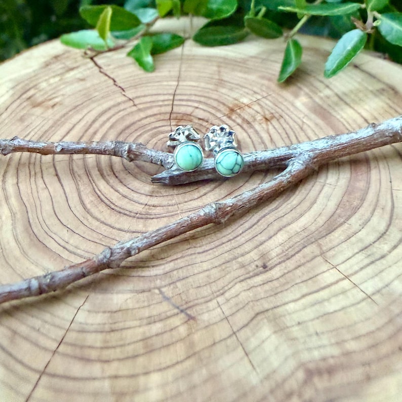 Pu&ograve; includere: Un paio di orecchini a lobo in argento con pietre rotonde turchese chiaro. Gli orecchini sono appoggiati su un ramo di legno su uno sfondo di legno, con fogliame verde.