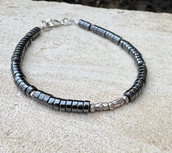 Hematite Beaded Bracelet, Sterling Silver Gemstone Bracelet, Unisex Bracelet, His and Hers Gift, Minimalist Jewelry, Stacking Bracelet