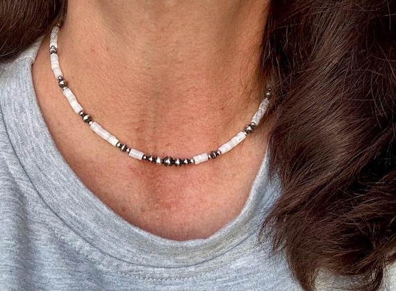 Navajo Pearl & Mother of Pearl Necklace, Gemstone Beaded Choker, Sterling Silver Necklace, Southwest Jewelry, Timeless Elegant Gift