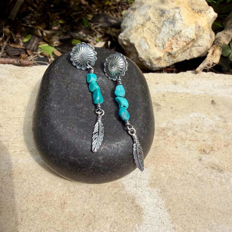 Scalloped Concho Turquoise Nugget Earrings • Sterling Silver • Feather Dangle image 9
