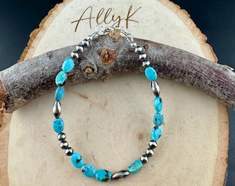 Royston Turquoise & Desert Pearl Bracelet • Sterling Silver • Hand‑Strung