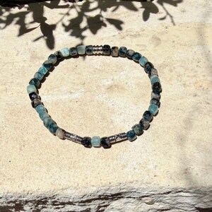 Blue Tourmaline Bracelet • 4mm Stones • Bali Silver Accents Stretch