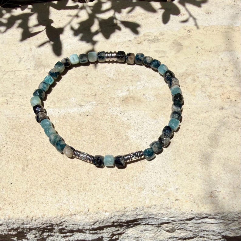 Blue Tourmaline Bracelet • 4mm Stones • Bali Silver Accents Stretch