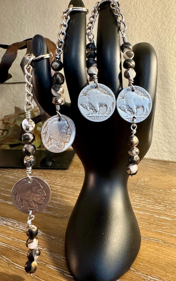 Indian head buffalo nickel keychain with white buffalo gemstone