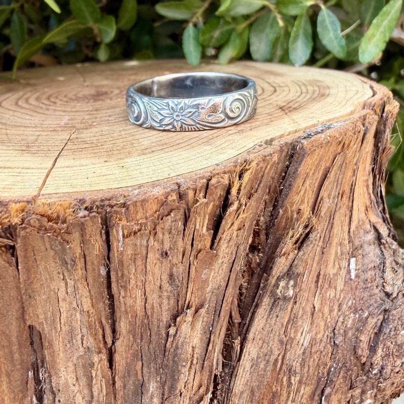 Sterling Silver Daisy Band Ring | Wide Band Elegance image 2