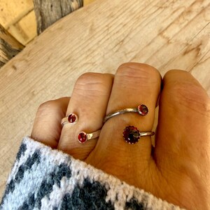 以下が含まれることがあります： 小さな丸い深紅のガーネット石をあしらった、2つのオープンタイプのシルバーリング。一方のリングの両端には小さな石が2つ付いており、もう一方のリングには小さな石1つと、ギザギザの枠にセットされた大きめのファセットカットされた濃い赤色の石が1つ付いています。