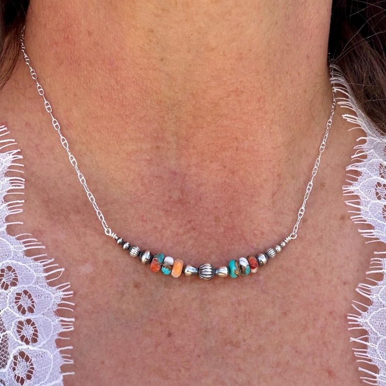 Spiny Oyster Turquoise Bar Necklace • Desert Pearls • Sterling Silver Southwest Necklace image 1
