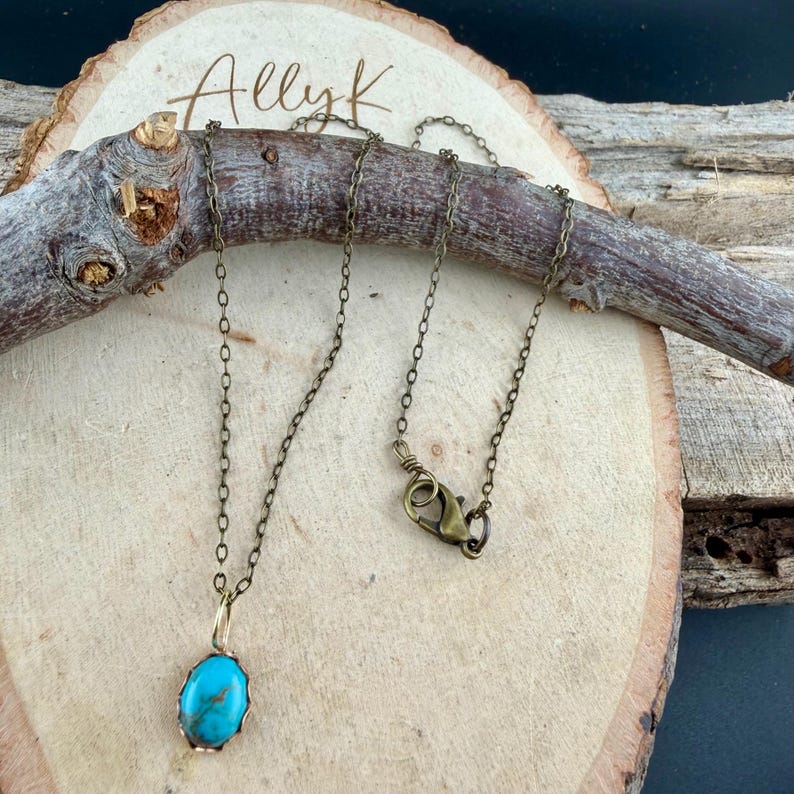 Kingman Turquoise Pendant Necklace • Antique Brass • 8×10 Turquoise Cabochon Cable Chain