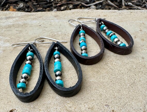 Teardrop Navajo Pearl Earrings, Turquoise Leather Earrings, Native American Style, Western Inspired Gift