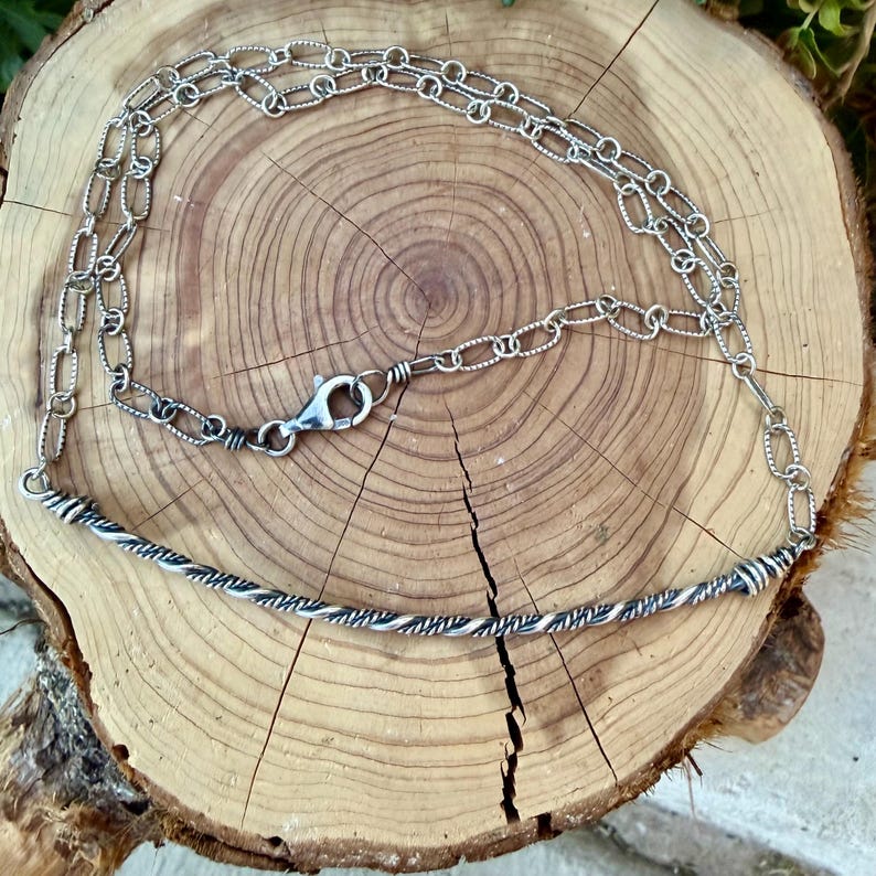 Sterling Silver Bar Necklace • Hand‑Forged Twisted Bar • Rustic Chain image 2