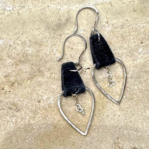 Heart Chain Leather Earrings, Teardrop Style, Genuine Leather, Handmade Jewelry, Gift for Her, Trendy Earrings