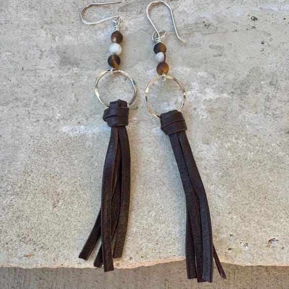 Leather earrings with sterling circle and petrified wood gemstone dangle /  genuine leather earrings