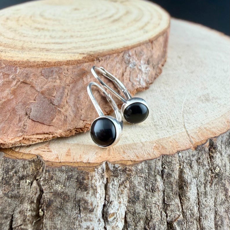 Sterling Silver Lever Back Black Onyx Earrings • 6mm Round Cabochon • Minimalist Style image 5