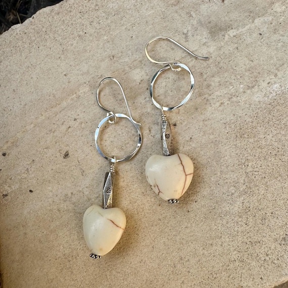 White Turquoise Heart Gemstone Earrings on Sterling Silver Circle, Sterling Silver Gemstone Earrings