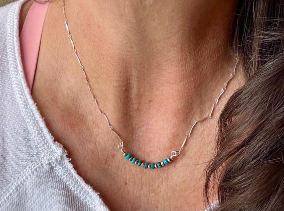 Sterling Silver Turquoise Navajo Pearl Bar Necklace, Bar Turquoise Necklace, Authentic Navajo Pearl Jewelry, Native American Jewelry Gift