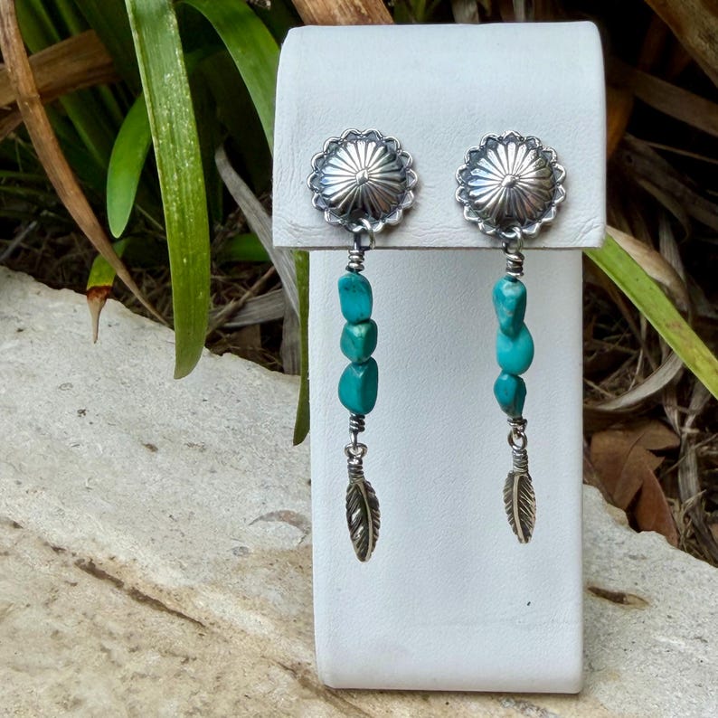 Scalloped Concho Turquoise Nugget Earrings • Sterling Silver • Feather Dangle image 6