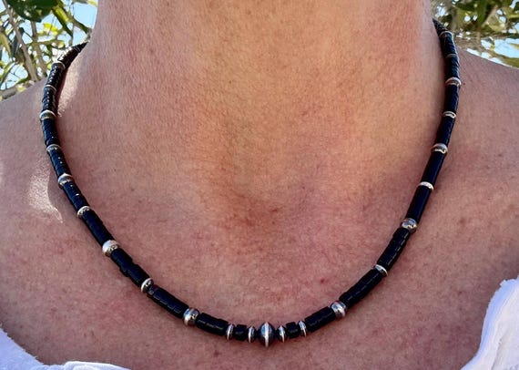 Navajo Pearl Black Onyx Necklace, Sterling Silver Gemstone Beaded Choker, Authentic Navajo Pearl Necklace, Necklace Jewelry Gift