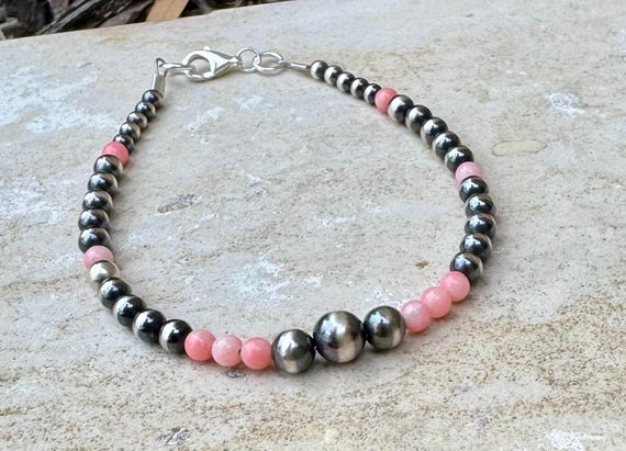 Sterling Silver Gemstone Bracelet, Navajo Pearl Angel Skin Pink Coral Bracelet, Beaded Jewelry, Unique Gift, Thoughtful Gift