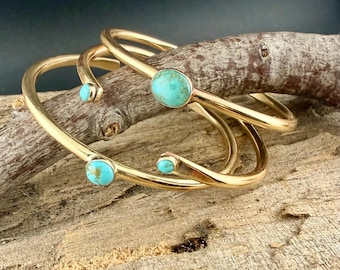 Rustic Brass Cuff Set with Kingman Turquoise • Handcrafted 3-Piece Bracelet Collection