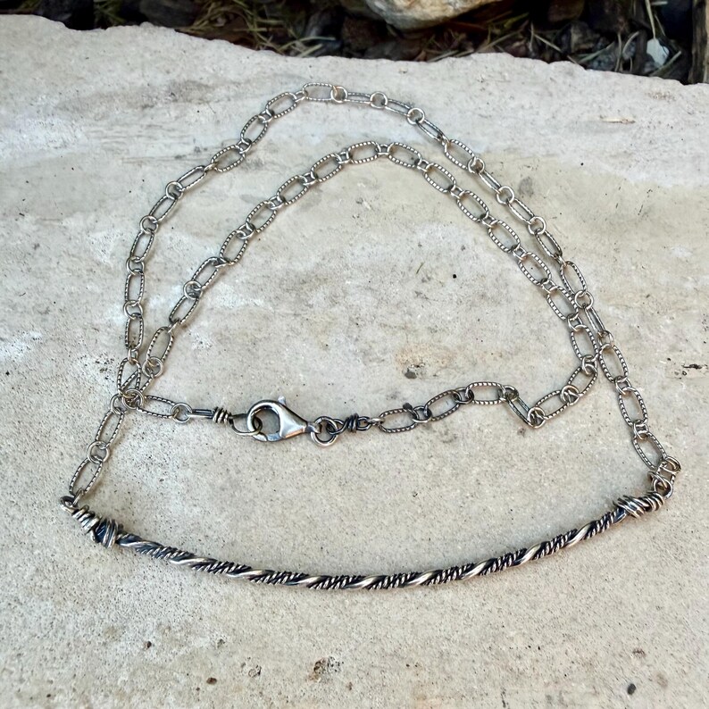 Sterling Silver Bar Necklace • Hand‑Forged Twisted Bar • Rustic Chain image 4