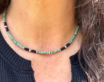 Turquoise & Onyx Desert Pearl Choker • Sterling Silver Southwestern Necklace
