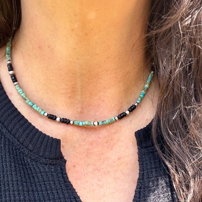 Gargantilla de perlas del desierto de turquesa y ónix • Collar de plata de ley estilo suroeste imagen 1