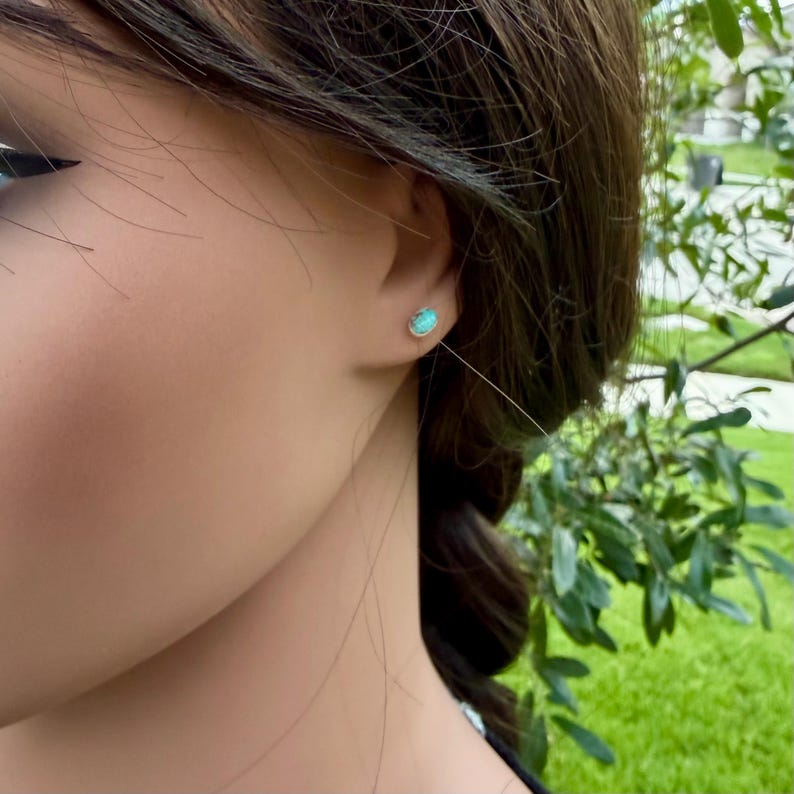 May include: A close-up of a person's ear with a small, oval-shaped turquoise stud earring. The earring is set in a silver or white metal. The person has dark brown hair and is outdoors with green foliage in the background.