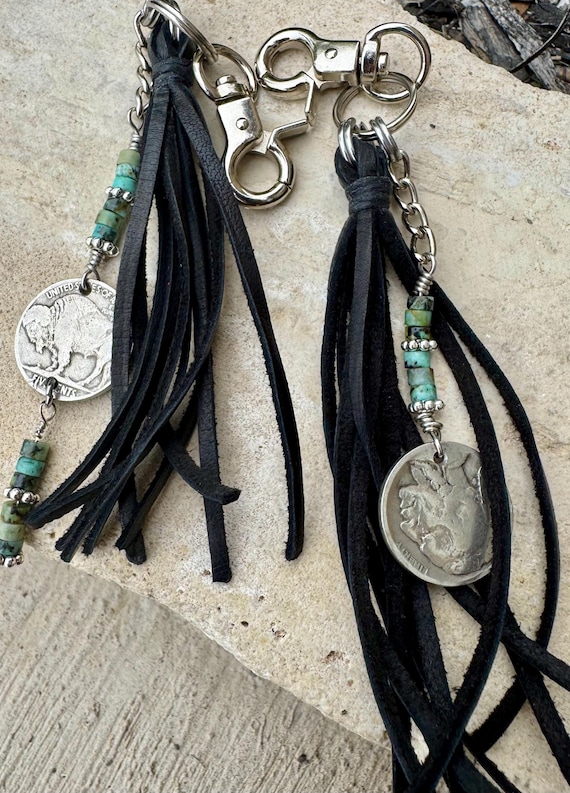 Indian head buffalo nickel leather purse tassel / keychain with African jasper turquoise gemstone
