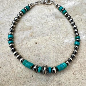 Sterling Silver Navajo Pearl Bracelet with Teal Turquoise Gemstone - Southwest Style Beaded Bracelet