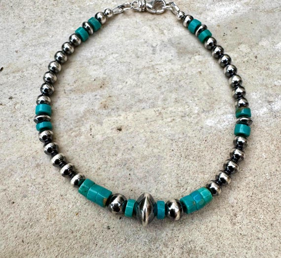 Sterling Silver Navajo Pearl Bracelet with Teal Turquoise Gemstone Bracelet, Beaded Bracelet, Southwest Style Gift