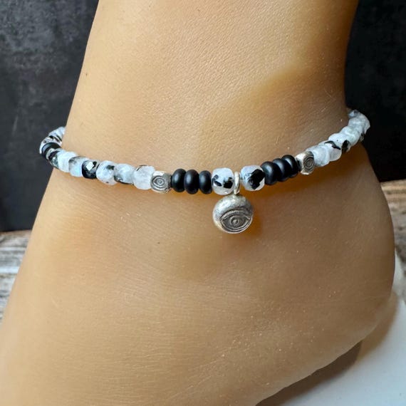 Rainbow Moonstone with Black Tourmaline and Onyx Evil Eye Anklet, Sterling Silver Beaded Gemstone Ankle Bracelet, Evil Eye Charm Anklet