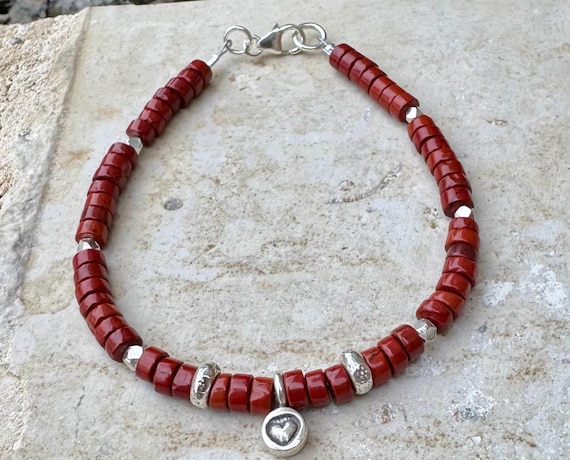 Red Jasper Bracelet, Sterling Silver Beaded Gemstone Bracelet, Handmade Jewelry, Gift for Her, Natural Stone Bracelet