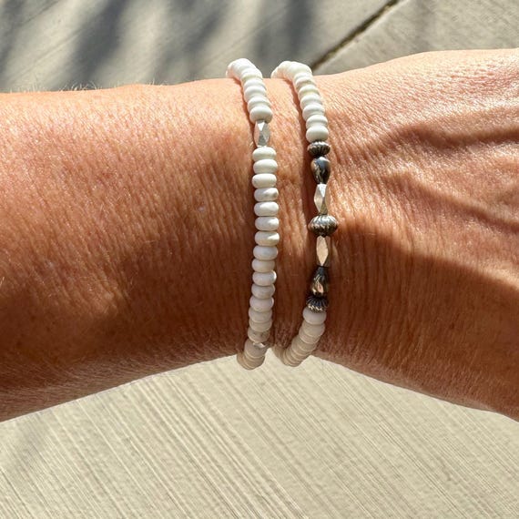White Turquoise Navajo Pearl Double Wrap Bracelet, Sterling Silver Bracelet, Southwest Jewelry, Western Jewelry, Layered Bracelet