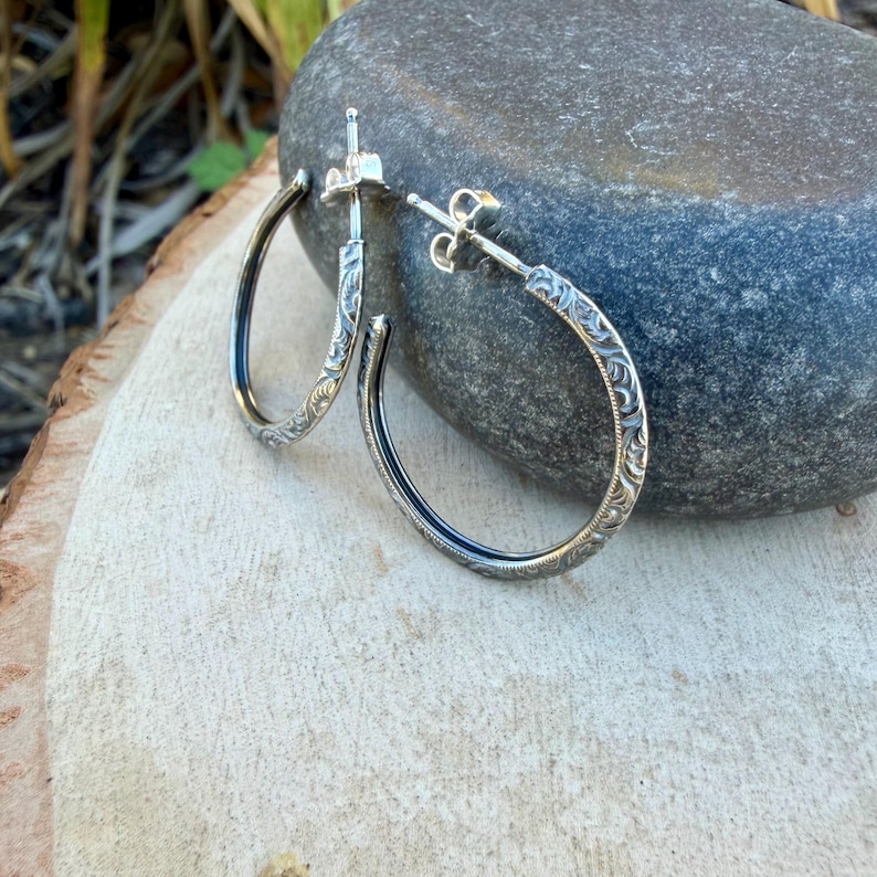 Sterling Silver Hoop Earrings • Push‑Back Post Hoops • Oxidized Swirl Pattern • Lightweight 925 image 5