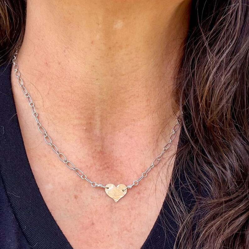Mixed‑Metal Heart Necklace • 14kt Gold‑Filled Heart • Sterling Mariner Chain • Dainty Minimalist Choker image 1