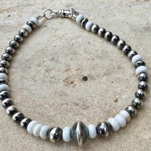White Turquoise Gemstone Bracelet, Navajo Pearl Beaded Bracelet, Sterling Silver Jewelry, Boho Chic, Gift for Her