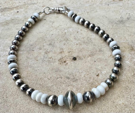 White Turquoise Gemstone Bracelet, Navajo Pearl Beaded Bracelet, Sterling Silver Jewelry, Boho Chic, Gift for Her