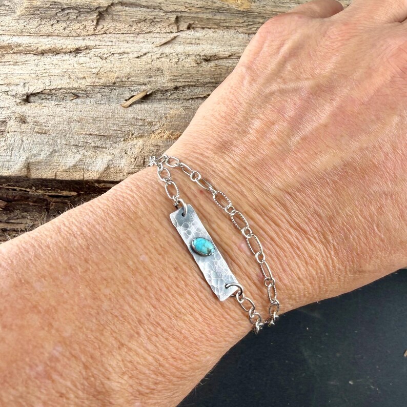 Sterling Silver Turquoise Double Strand Bar Chain Bracelet • Minimal Western Style • Number 8 Turquoise image 10