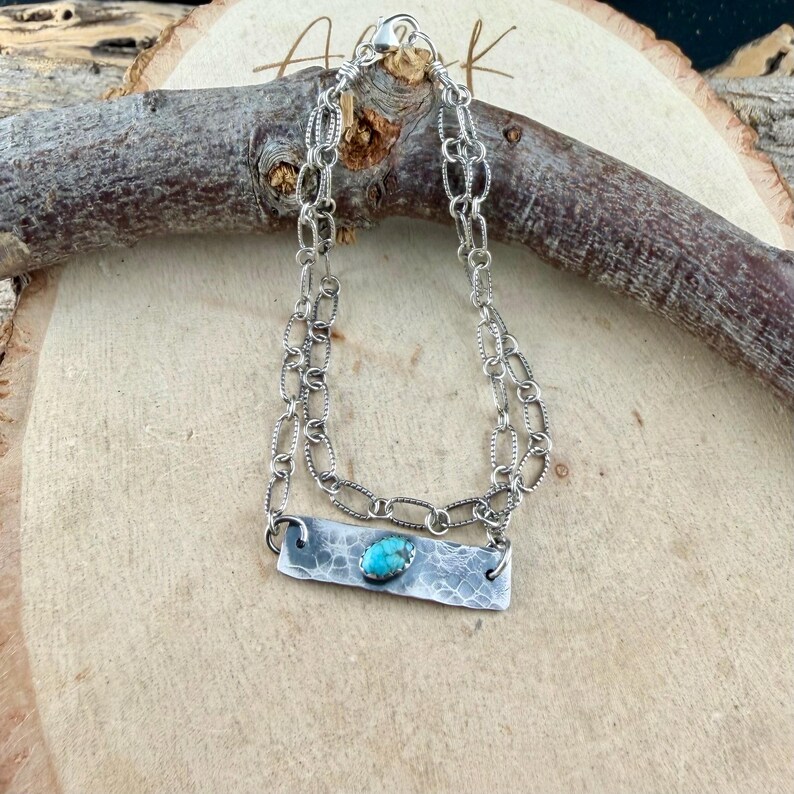 Sterling Silver Turquoise Double Strand Bar Chain Bracelet • Minimal Western Style • Number 8 Turquoise image 6