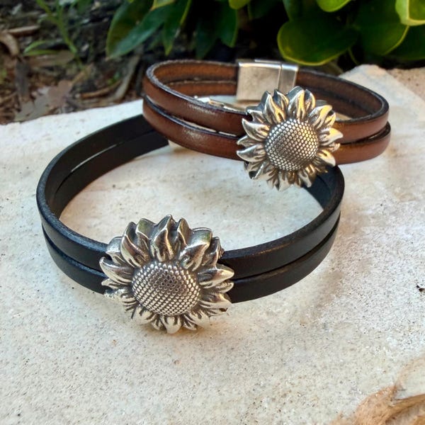 Sunflower Leather Bracelet • Double‑Strand 5mm Leather • Antique Silver Magnetic Cuff