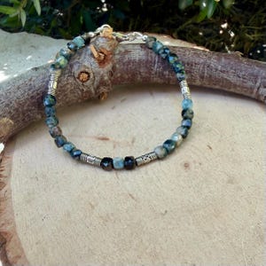Blue Tourmaline Bracelet • 4mm Stones • Bali Silver Accents image 1
