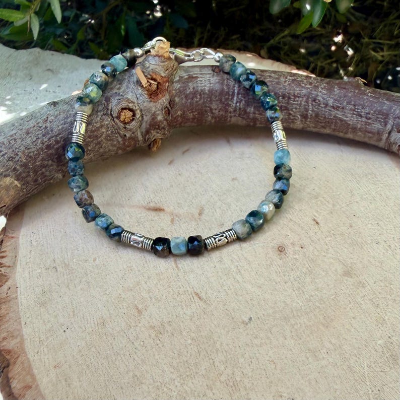 Blue Tourmaline Bracelet • 4mm Stones • Bali Silver Accents image 1