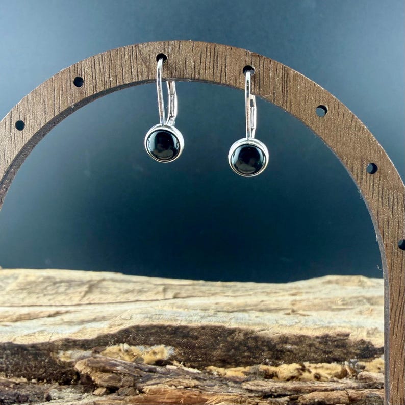Sterling Silver Lever Back Black Onyx Earrings • 6mm Round Cabochon • Minimalist Style image 8