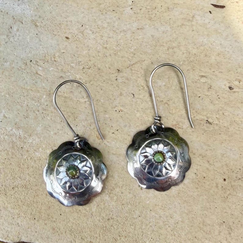 Sterling Sunflower Concho Earrings • Kingman Turquoise • 20mm Dangle image 3