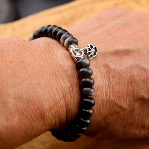 Stretch Obsidian Gemstone Bracelet with Sterling Silver Paw Print Charm, Stretch Beaded Bracelet, Pet Lover's Jewelry