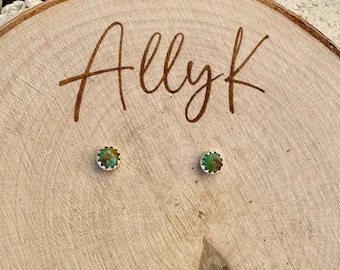 Green Kingman Turquoise Stud Earrings • Sterling Silver Posts • 4mm Cabochons